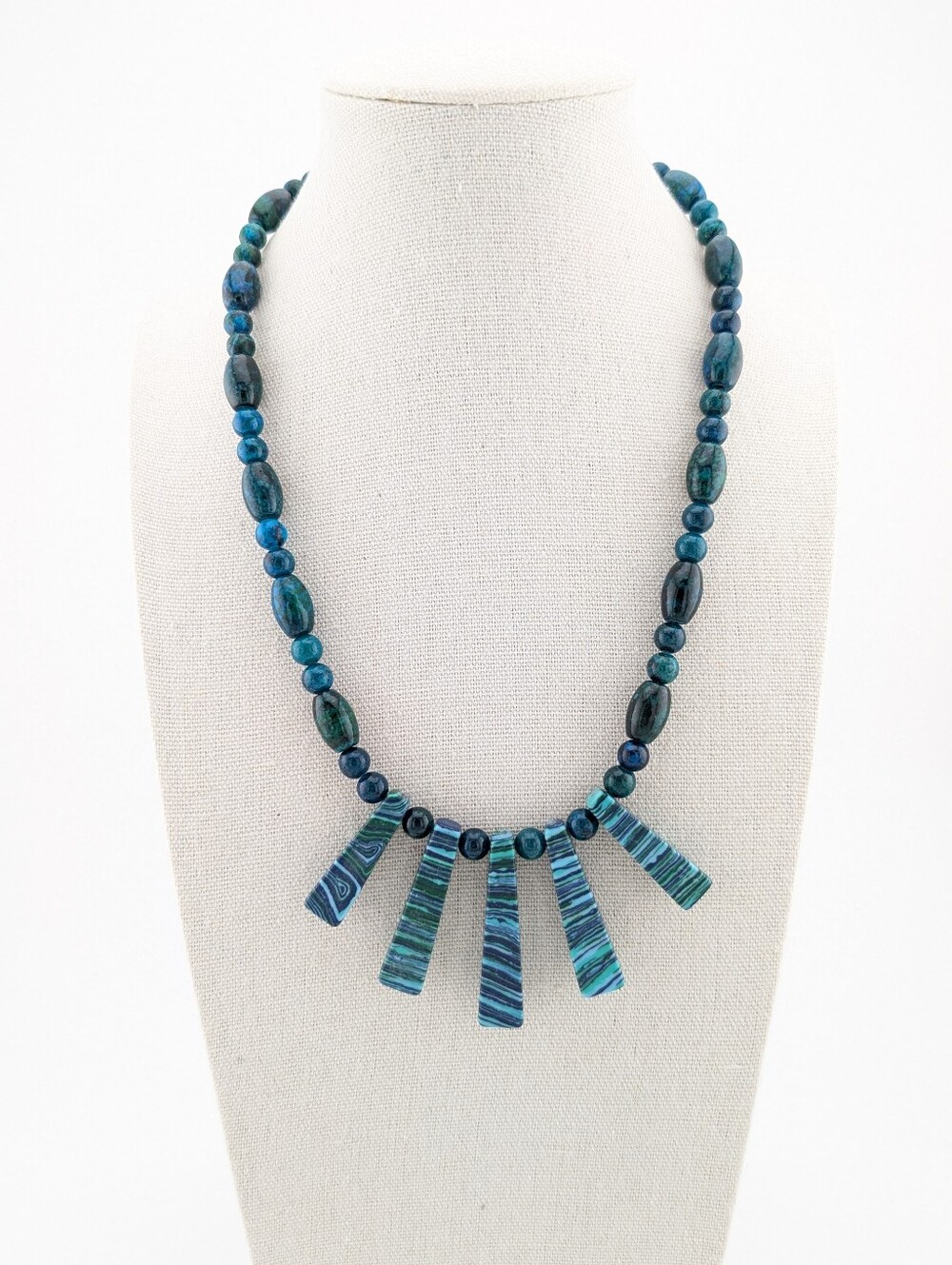 VTG Teal Blue Impression Jasper Spiked Bib Fan Statement Beaded Necklace